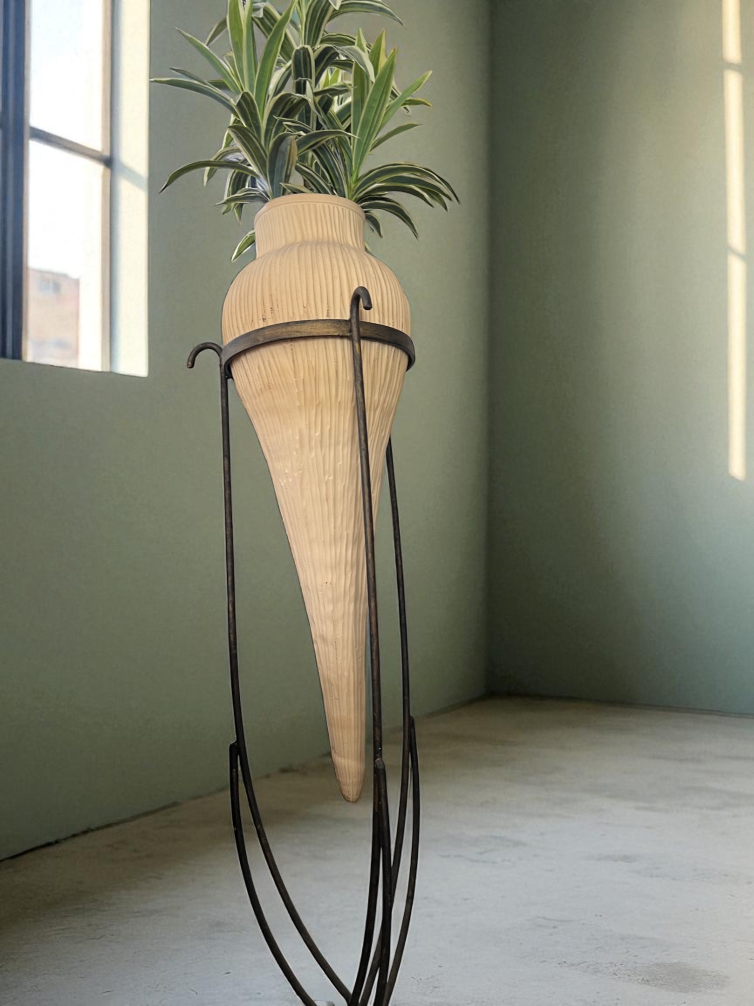 Rolf Benz cone pot on dark brown steel stand with artificial plant, imported from Germany
