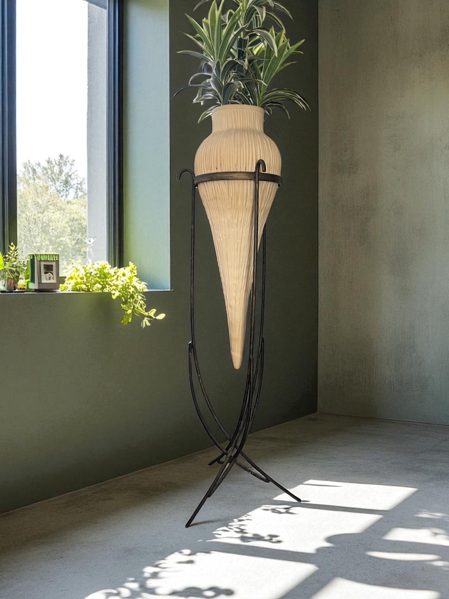 Rolf Benz cone pot on dark brown steel stand with artificial plant, imported from Germany