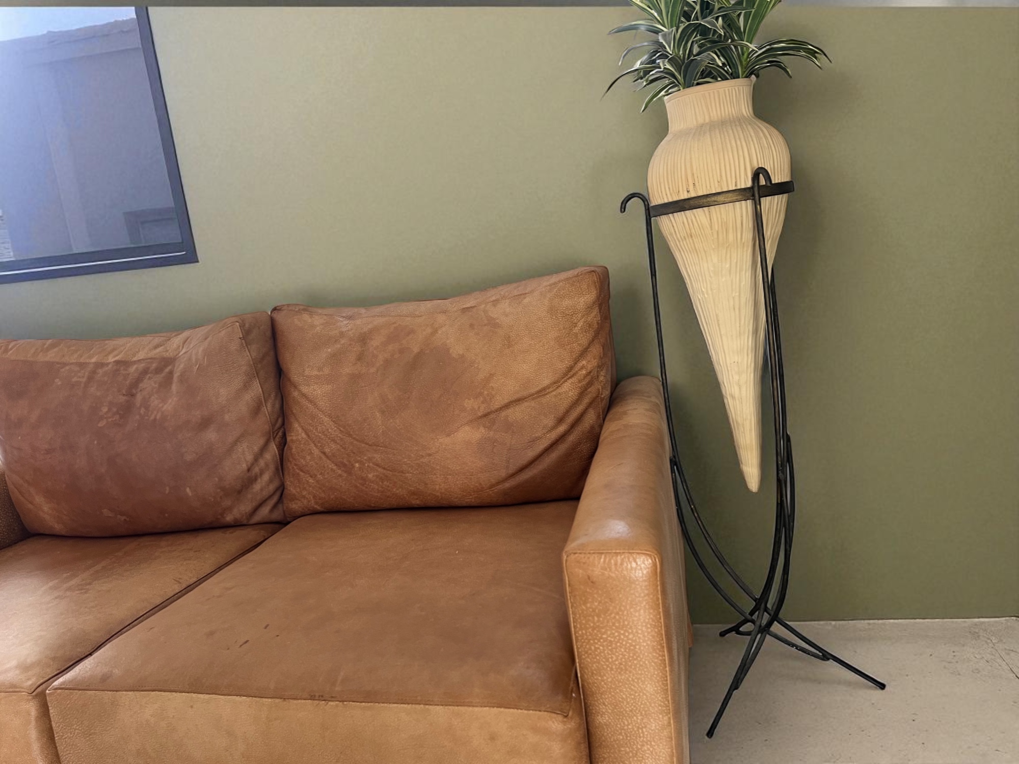 Rolf Benz cone pot on dark brown steel stand with artificial plant, imported from Germany